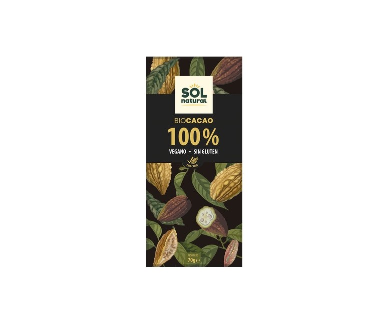 Chocolate vegano cacao puro 100% Bio 70 g Sol Natural