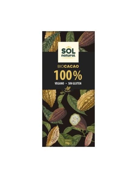Chocolate vegano cacao puro 100% Bio 70 g Sol Natural