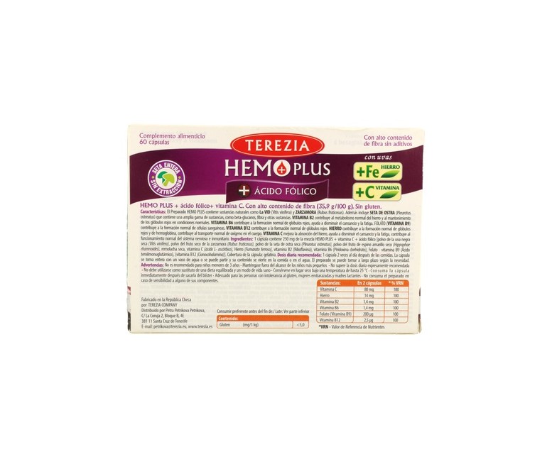 Hemo plus + ácido fólico + vitamina C + hierro y con uvas 60 cápsulas Terezia Company