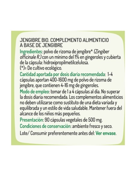 Jengibre Bio 90 cápsulas de 500mg El Granero Integral