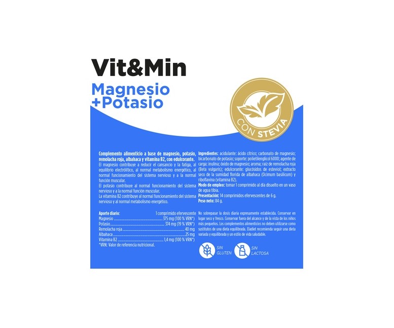 Vit&Min Magnesio + Potasio 14 tabletas efervescentes de 6 g Eladiet