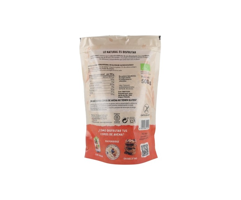 Copos suaves de avena integral sin gluten Bio 500 g El Granero Integral
