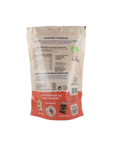 Copos suaves de avena integral sin gluten Bio 500 g El Granero Integral