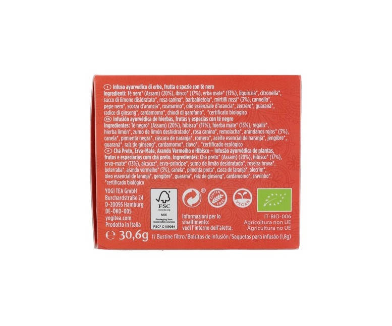 Infusión ayurvédica Energía Positiva con Arándanos Rojos e Hibisco 17 bolsitas infusoras de 1.8g Yogi Tea