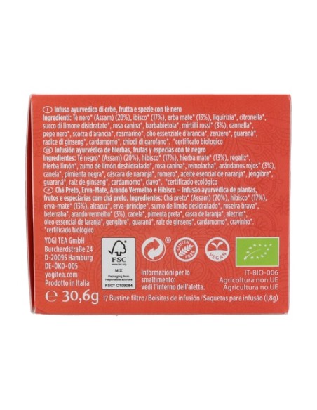 Infusión ayurvédica Energía Positiva con Arándanos Rojos e Hibisco 17 bolsitas infusoras de 1.8g Yogi Tea