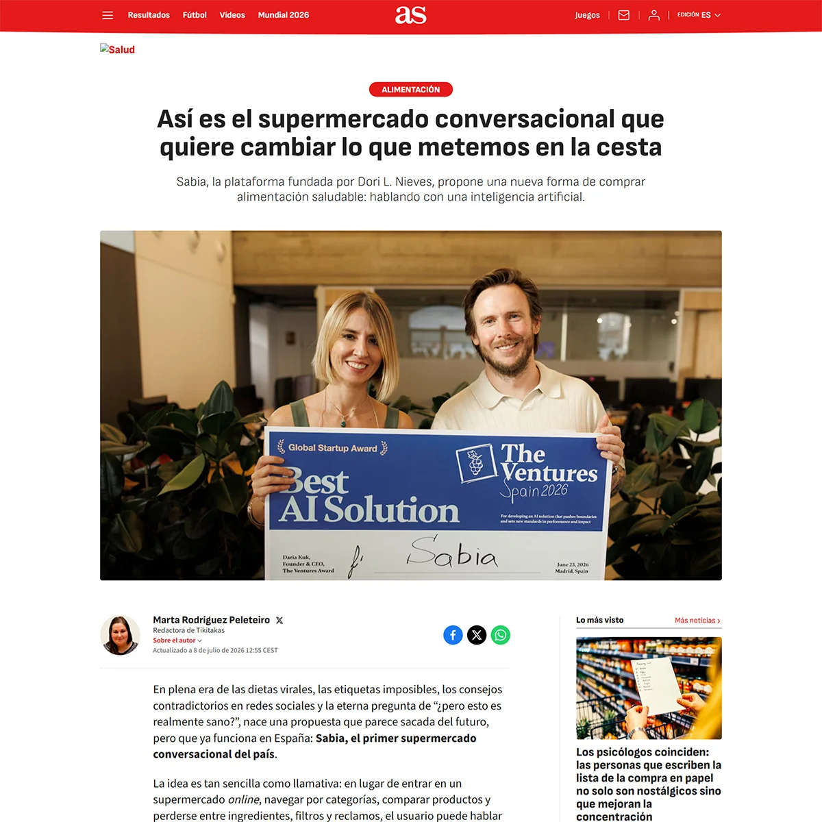Recorte del Diario AS sobre Sabia