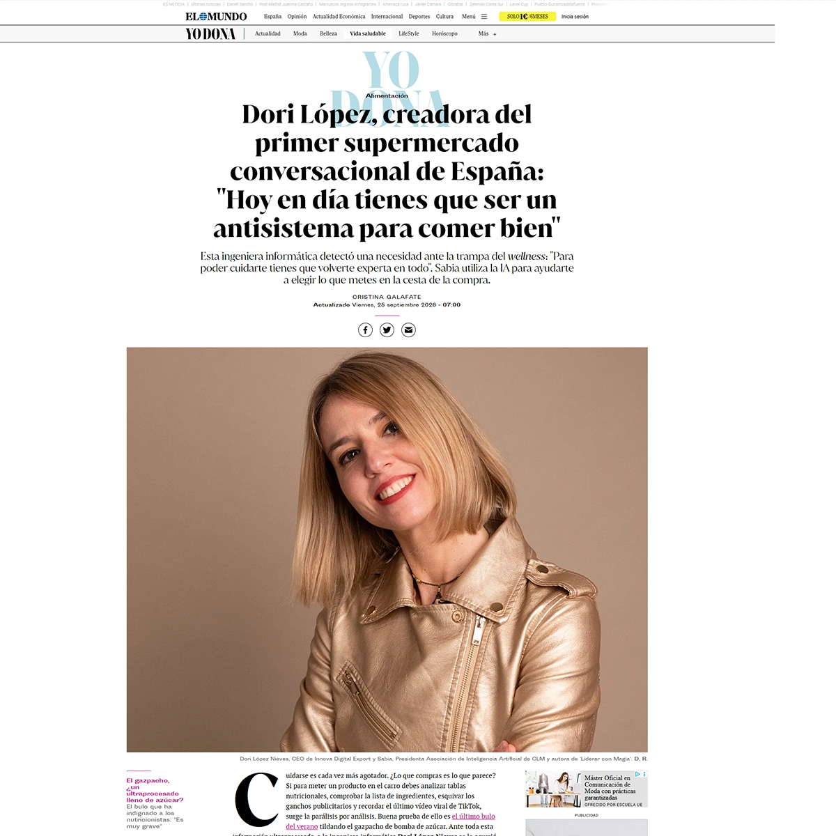 Recorte de Yo Dona (El Mundo) con la entrevista a Dori López, creadora de Sabia