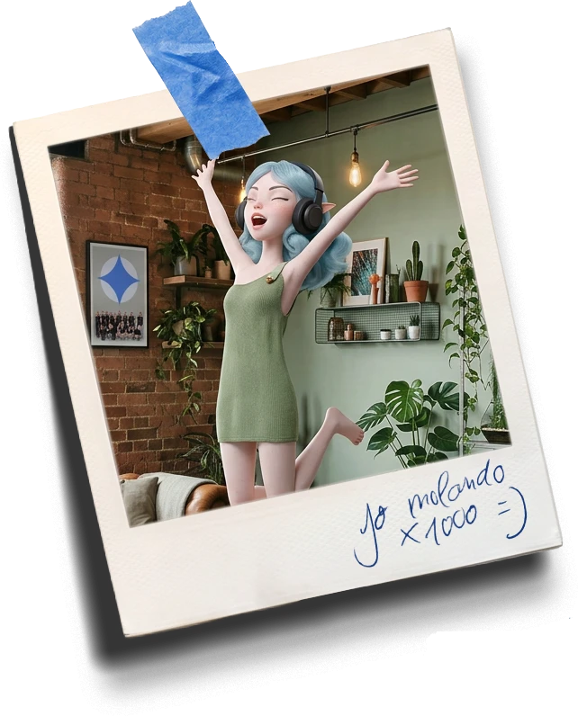 Polaroid de Sabia celebrando en su salón, con la nota 'yo molando x1000'