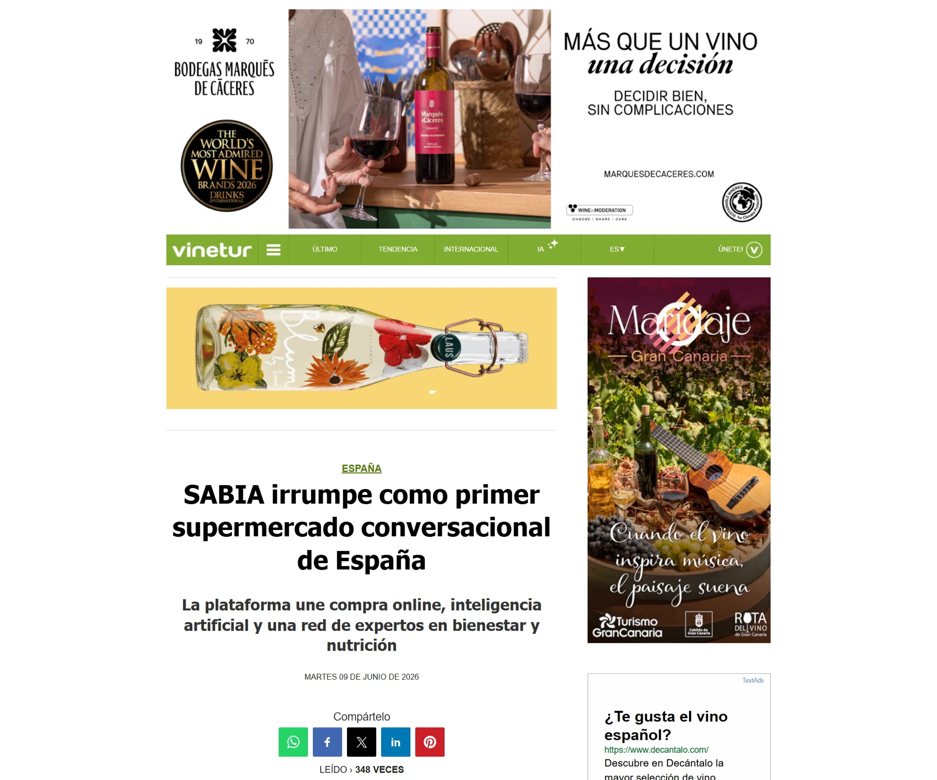 Vinetur: SABIA irrumpe como primer supermercado conversacional de España